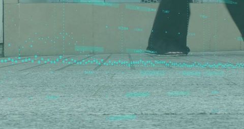 Urban stride with futuristic data overlay in city plaza