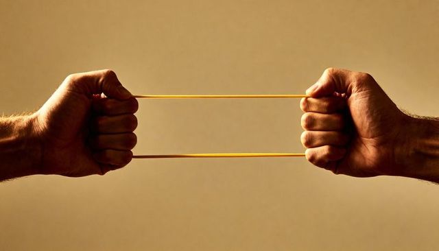 Two hands holding and pulling parallel yellow elastic bands, creating tension and symmetry