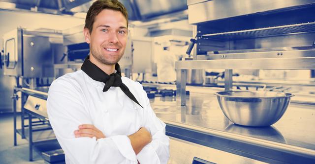Chef standing with arms crossed in a professional commercial kitchen. Ideal for use in culinary blogs, restaurant advertising, cooking tutorials, and hospitality industry materials.