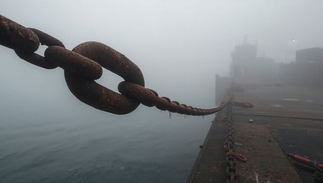 Rusted anchor chain leading into foggy harbor pier, industrial dockside mood