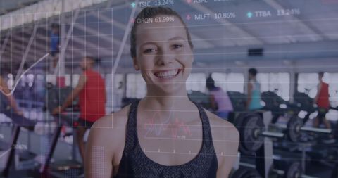 Smiling Woman in Gym with Financial Data Overlay