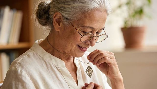 Senior woman smiling while holding ornate pendant and wearing glasses, nostalgic moment