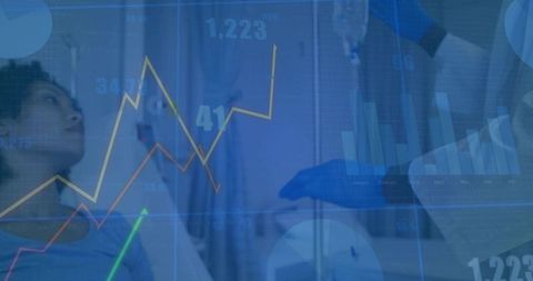 Nurse Adjusting IV Drip While Observing Patient with Data Overlays