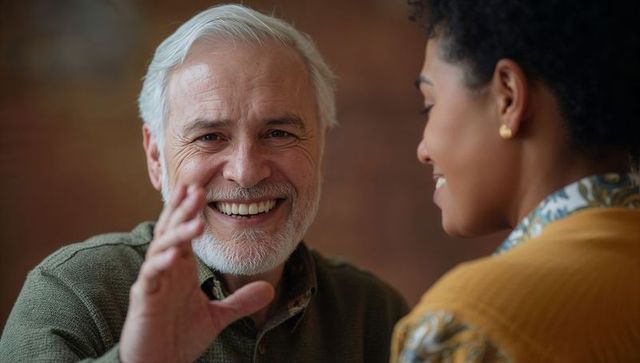 Smiling senior man raising hand while conversing with companion in cozy interior