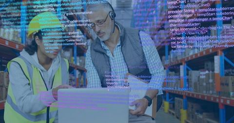 Warehouse Workers Collaborating on Laptop Checking Inventory with Augmented Data Overlay