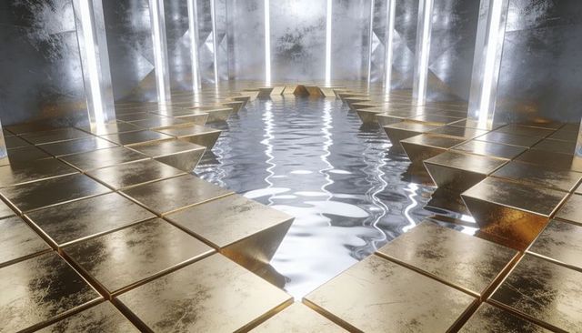 Futuristic gold tile corridor reflecting central mirrored pool with vertical light columns