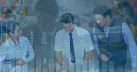 Diverse Warehouse Team with Financial Data Overlay