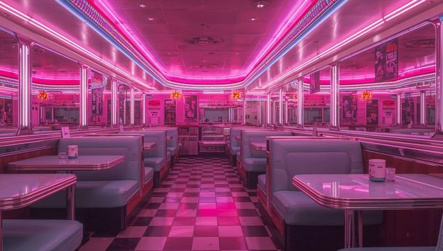 Neon-glowing 1950s diner interior with pink magenta lighting and retro chrome booths