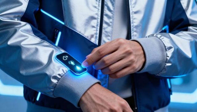 Futuristic smart led cuff touchscreen on metallic jacket activating wearable interface