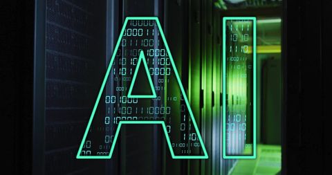 AI Text Overlay on Abstract Binary and Server Room - Download Free Stock Images Pikwizard.com