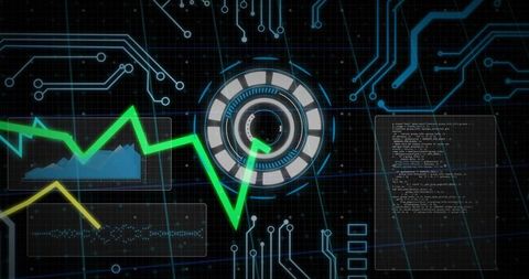 Futuristic hud dashboard neon green trend line circular interface overlay on digital grid