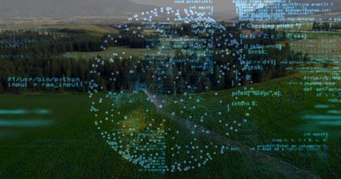 Teal data sphere hovering over rural fields with glowing nodes and code overlay