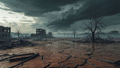 Harsh dystopian landscape with abandoned ruins and stormy sky in apocalypse aftermath