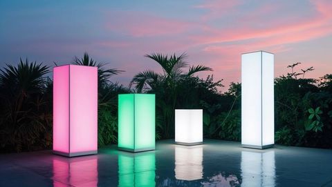 Illuminated Colored Pillars Reflecting at Sunset Outdoors