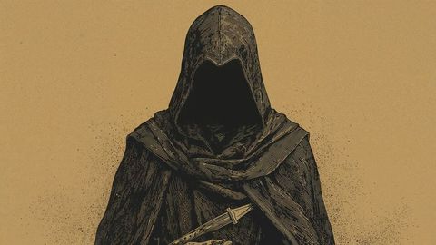 Hooded cloaked assassin figure holding dagger on aged background
