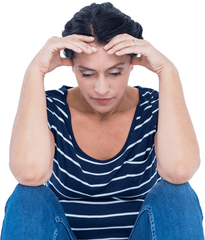 Transparent background showing sad woman sitting with head in hands