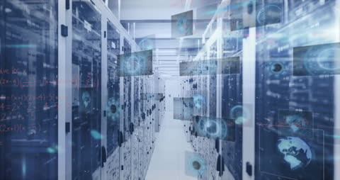 Digital Data Flow in Futuristic Server Room Animation