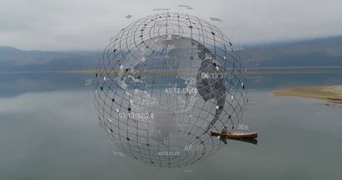 Exploration Concept With Canoe Crossing Lake and Digital Globe Overlay