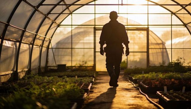 Hoophouse worker walking down aisle at golden hour silhouette plant nursery with seedlings