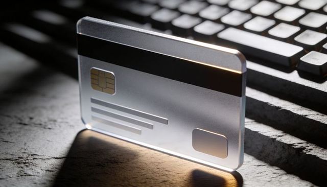 Standing translucent metal credit card rimlit on concrete desk with emv chip and magstripe