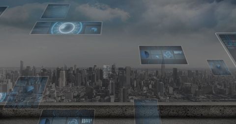 Futuristic interface with scanners over urban skyline