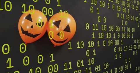 Floating jack-o'-lantern balloons with neon binary code overlay for halloween cyber theme