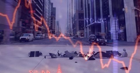 Scattered pavement shards with red line and purple bar graph overlay downtown