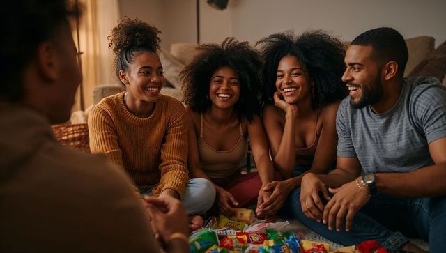 Friends laughing and sharing snacks on living room rug during cozy game night