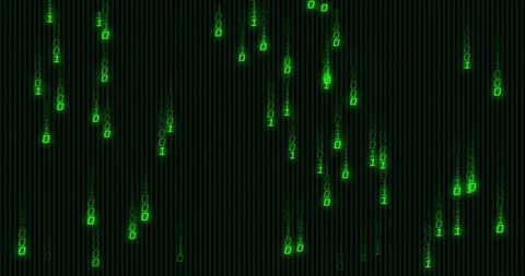Cascading Binary Streams with Neon Glow on Dark Grid