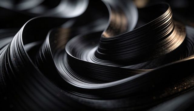 Glossy black ribbon spirals with warm highlights and fine metallic texture macro curled layers