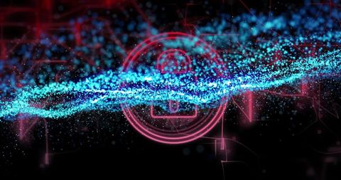 Futuristic cyber network with streaming cyan particle wave