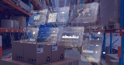 Futuristic logistics data interface in modern warehouse
