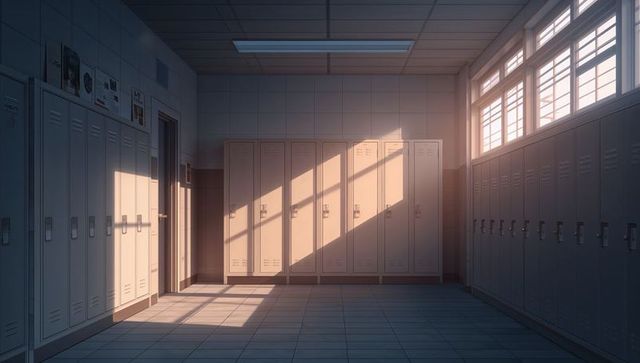Sunlit School Lockers in Quiet Hallway with Tiled Floor