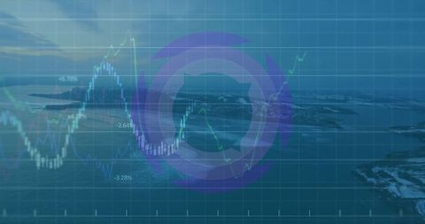 Financial chart overlay with dawn coastal seascape background