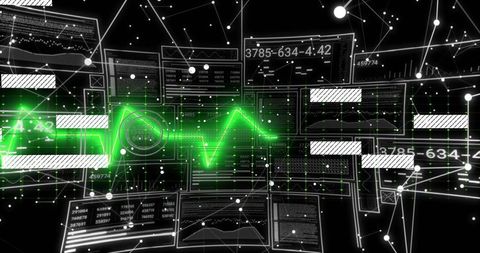 Neon green waveform pulsing through 3D cyber interface with floating data panels
