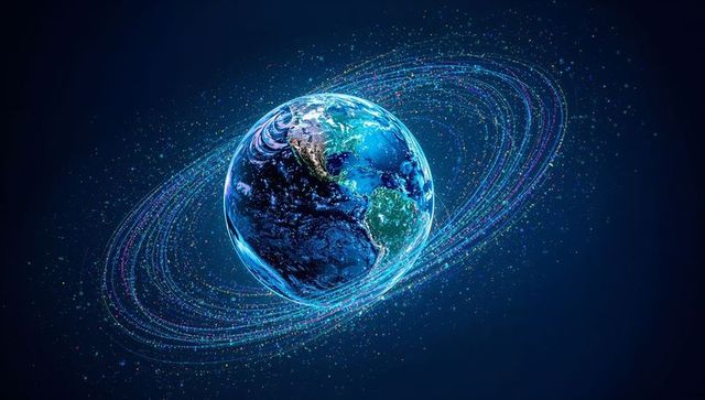 Neon Orbital Earth with Glowing Americas and Particle Rings for Technology and Space Visuals