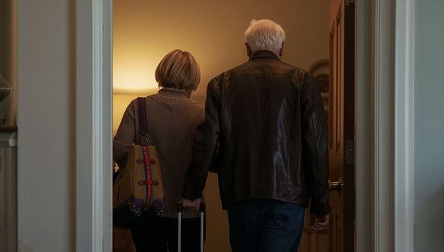 Senior couple walking through doorway pulling suitcase carrying bag hallway lamp glow