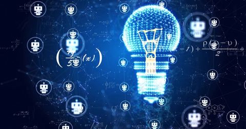 Chatbot Icons Surrounding Glowing Light Bulb with Mathematical Equations - Download Free Stock Images Pikwizard.com