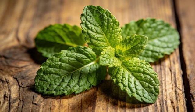 Fresh mint sprig on rustic wooden surface showing serrated leaves and natural texture