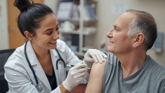 Friendly Doctor Giving Vaccine to Smiling Senior Patient
