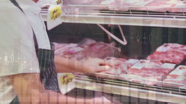 Male shop assistant arranging packaged meat products in a store's refrigeration unit. Digital data overlays suggest connection to food industry analytics, retail technology, or smart inventory systems. Perfect for illustrating advancements in food retail technology, data-driven marketing strategies, or the impact of stock market on retail businesses.