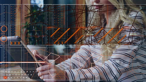 Woman Using Tablet Interface with Digital Data Overlay