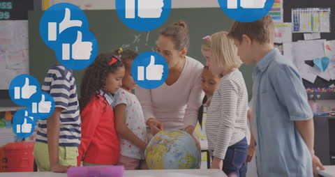 Interactive Learning Scene with Children and Globe Showing Likes