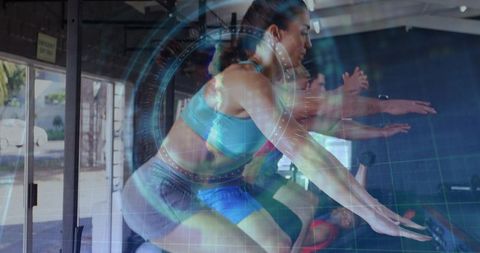 Woman performing synchronized squat jumps in teal sports bra with futuristic HUD overlay