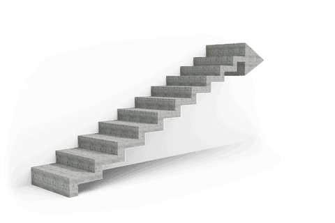 Grey staircase-shaped arrow design is set against a transparent background, creating a symbolic representation of growth or direction changes in vector style. This illustration is ideal for use in presentations about progress, direction setting, or on websites that want to employ visual metaphors about paths or journeys.
