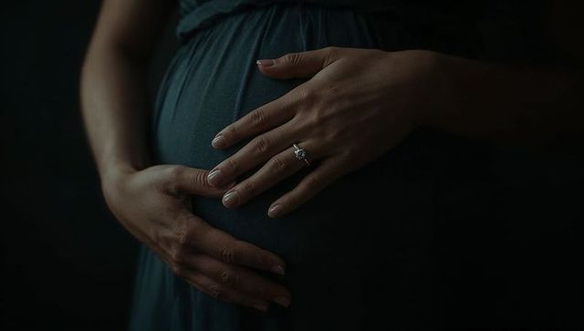 Cradling pregnant belly with engagement ring in moody low light maternity portrait