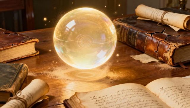 Levitating Glowing Crystal Orb Above Antique Books and Manuscripts