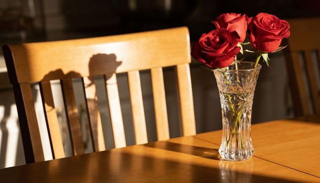 Sunlit crystal vase holding three red roses casting warm shadows on wooden chair