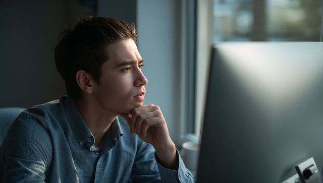 Pensive young man at desk gazing out window while working on desktop in sunlit home office