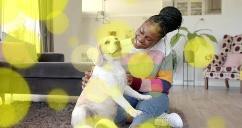 Smiling woman petting dog on lap in cozy bright living room warm home lifestyle